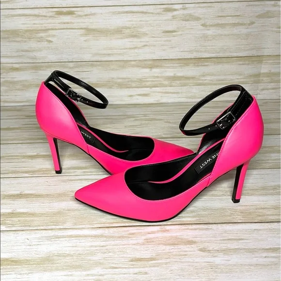 NIB Nine West Women Erra3 Hot Pink & Black Ankle Strap Pump Size 5M - Picture 3 of 7